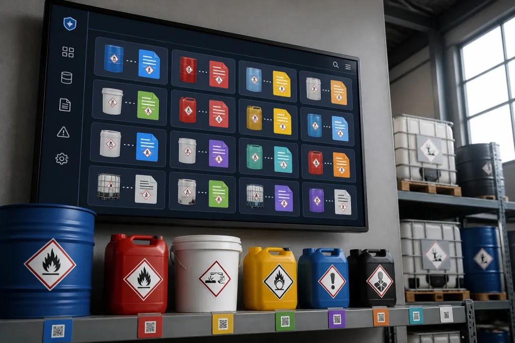 digital dashboard mapping safety data sheets to labeled chemical drums in a warehouse office
